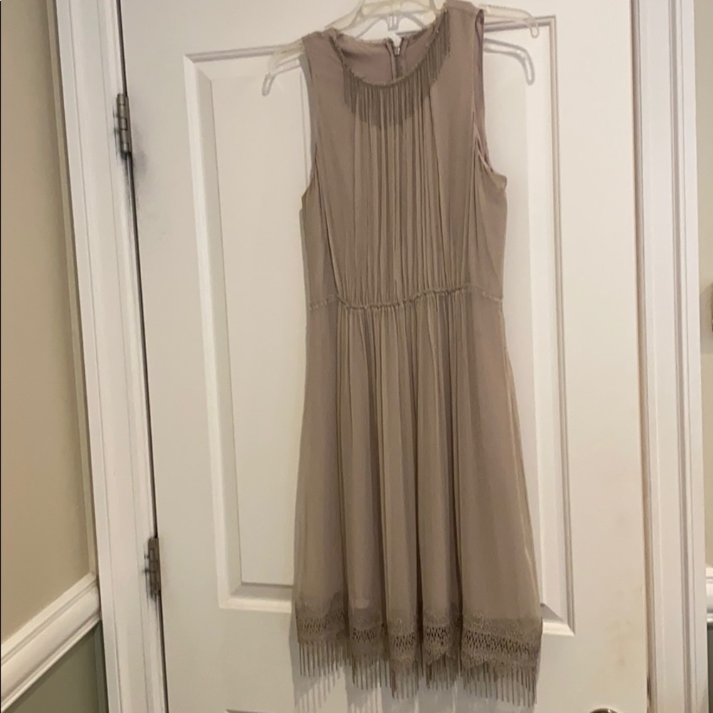 Elie Tahari taupe party dress with beaded fringe